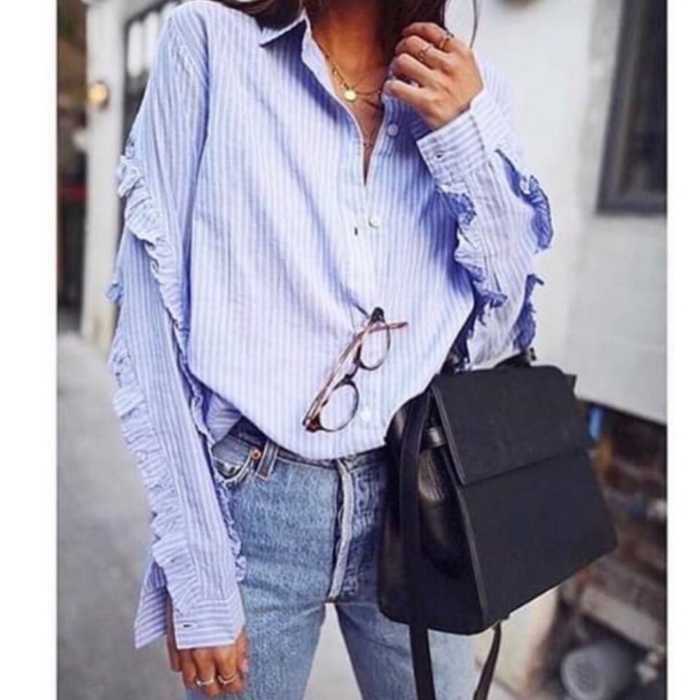 NWT RAILS Lizzi Button Down Ruffle Sleeve Blue White size Small Retail $158